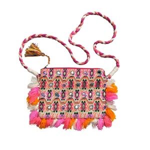 America & Beyond Embellished Tassel Crossbody Bag Colorful Boho Mirror Fringe
